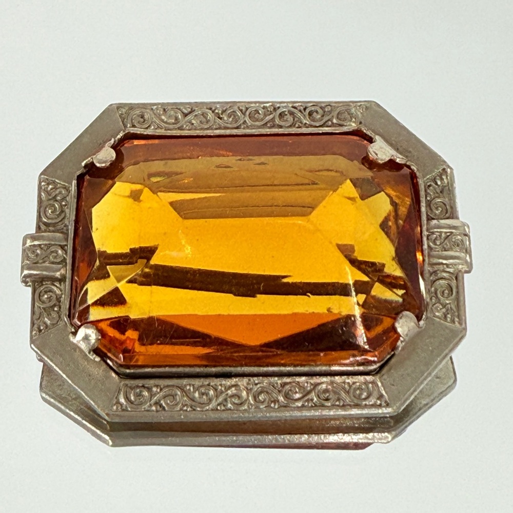 Antique Art Nouveau Czeck Glass Amber Stone with Silver‎ Tone Base Brooch